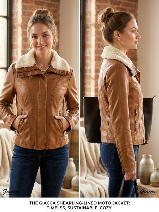 giacca Jackets & Blazers - NEW Giacca Vegan Leather Khaki Sherpa Lining Women's Jacket - Size Medium